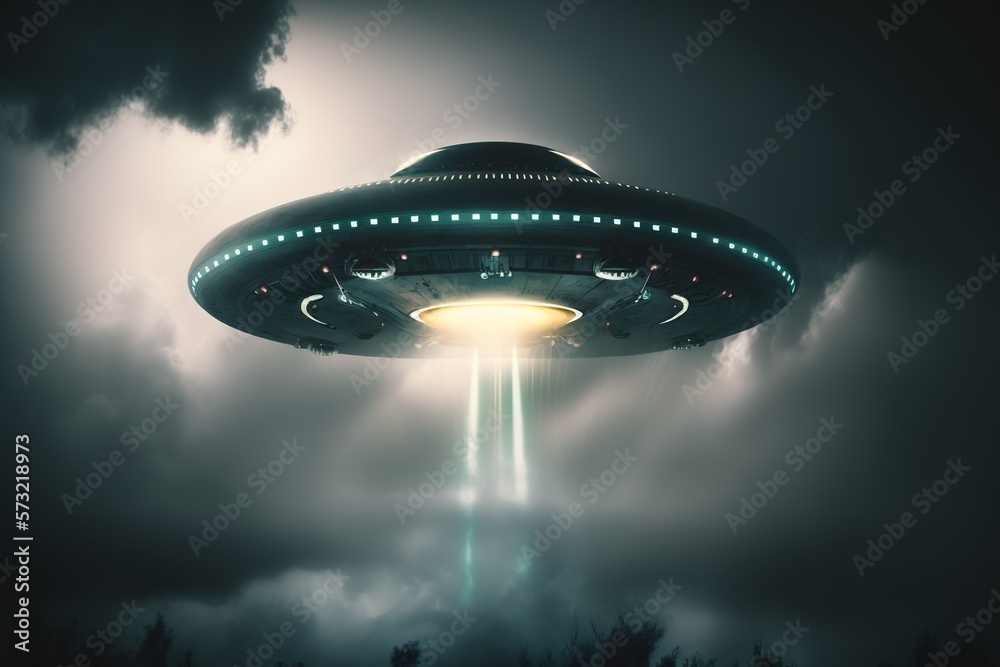 UFO flies in a landscape at night. Generative AI.
