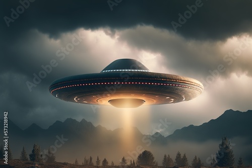 UFO flies in a landscape at night. Generative AI.