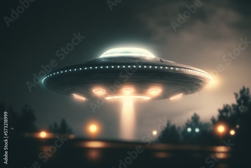 UFO flies in a landscape at night. Generative AI.
