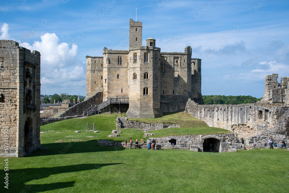 Panoramic wide angle view of Warkworth Castle in Northumberland, UK