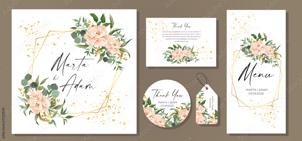 Wedding invitation set with flowers Peony and leaves, watercolor, isolated on white.  Vector elegant cute rustic.