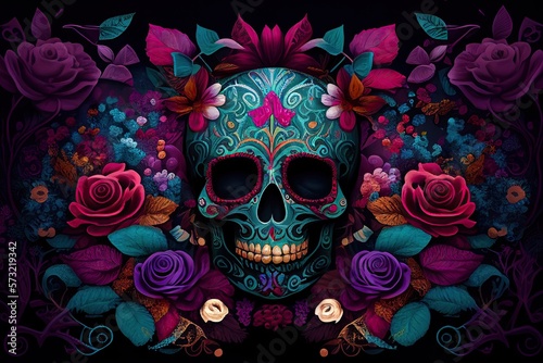Dia De Los Muertos Background Day of the Dead Art Decoration, Bones Skull Flower Ornament Holiday Wallpaper, generative ai © Postmodern Studio