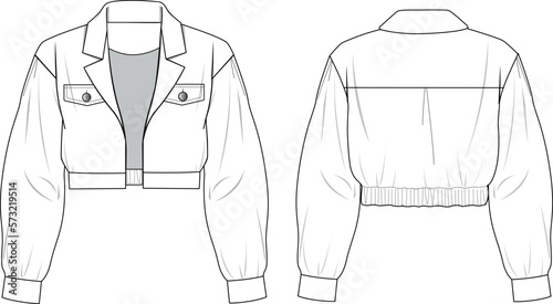 Women's Crop Bomber Jacket. Technical fashion illustration. Front and back, white color. Women's CAD mock-up.