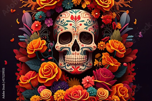 Fotografie Dia De Los Muertos Background Day of the Dead Art Decoration, Bones Skull Flower