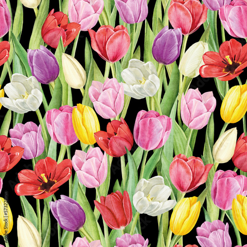 Seamless pattern with tulips flowers on white background  watercolor floral pattern  suitable for wallpaper  card or fabric.