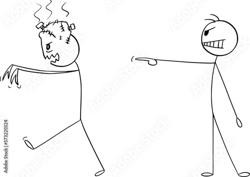 Evil Politician Ordering Monster , Vector Cartoon Stick Figure Illustration