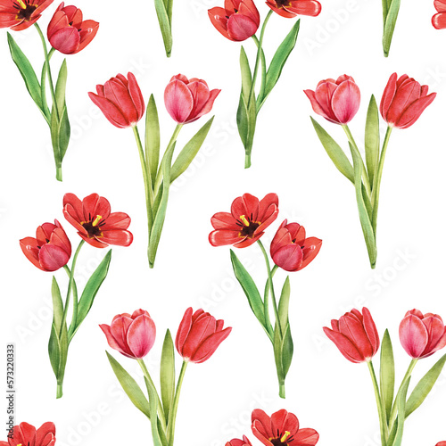 Seamless pattern with tulips flowers on white background, watercolor floral pattern, suitable for wallpaper, card or fabric.