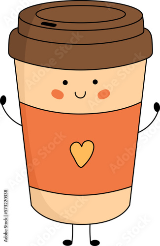 Cute paper coffee cup character with smiling face, hands and legs. Funny, happy cartoon mascot. Vector flat illustration