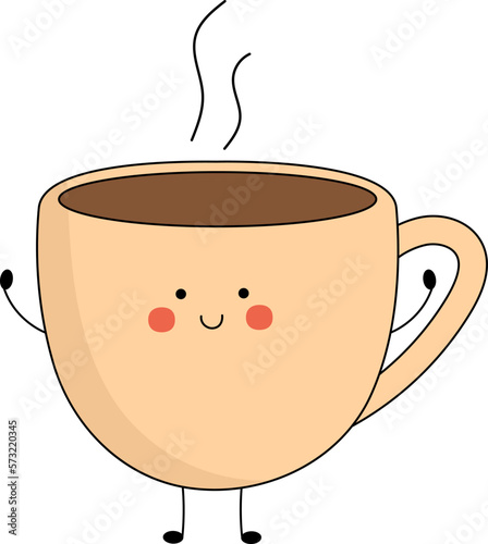 Cute coffee mug character with smiling face, hands and legs. Funny, happy cartoon mascot. Vector flat illustration