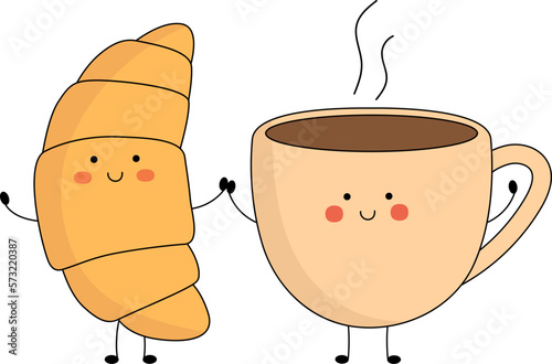 Cute croissant and coffee mug characters with smiling face, hands and legs. Funny, happy cartoon mascot. Vector flat illustration