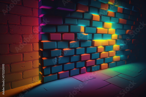 brick wall with neon illumination. futuristic, abstract background. purple, pink, colorful texture. ai generative