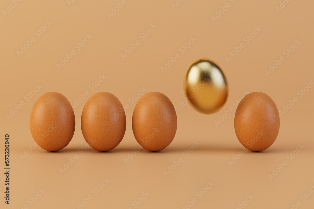 Golden egg with other eggs isolated on pastel background. 3d render Golden egg with other eggs isolated on pastel background. 3d render