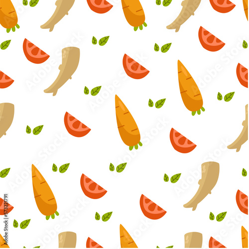 Seamless pattern with carrot, orange, and ginger. Vector illustration with vegetables and fruits for print, web, and design.