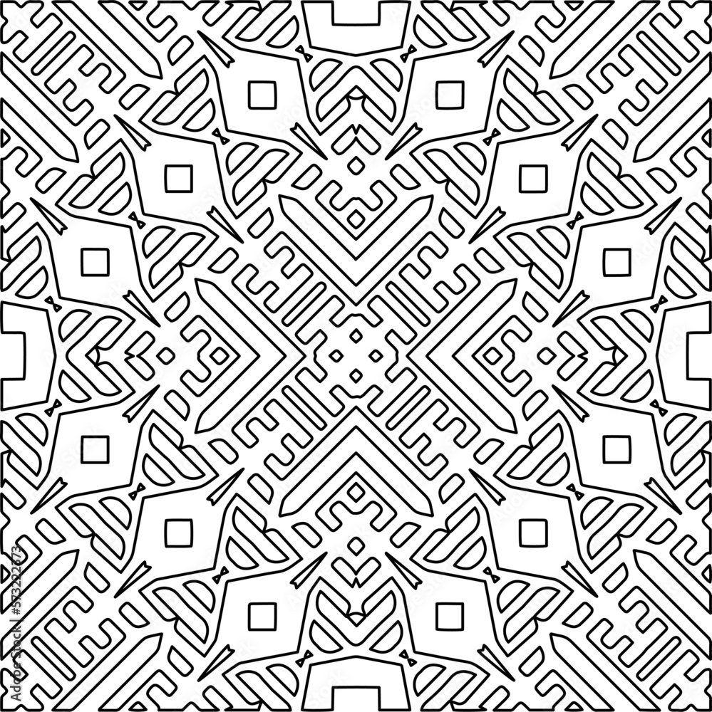  Monochrome ornamental texture with smooth linear shapes, zigzag lines, lace pattern.Abstract geometric black and white mandala for web page, textures, card, poster, fabric, textile.