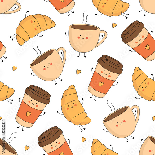 Seamless pattern with cute croissant, coffee mug and paper coffee cup characters with smiling face, hands and legs. Funny, happy cartoon mascot. Vector flat illustration