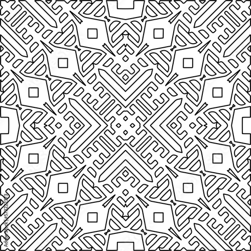  Monochrome ornamental texture with smooth linear shapes, zigzag lines, lace pattern.Abstract geometric black and white mandala for web page, textures, card, poster, fabric, textile.