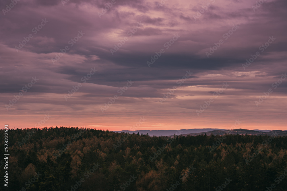 pink sky in the morning with forest in Austria