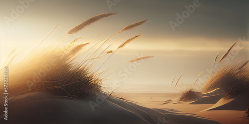 Foggy sunrise on shoreline. Soft muted waves. Beach grass on the sand dunes. Comfortable and calm. AI.