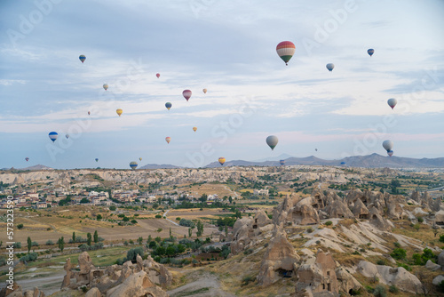 beautiful scenery flight of balloons in the mountains of Cappadocia