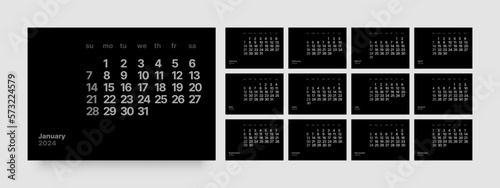 Monthly calendar template for 2024 year. Wall calendar in a minimalist style. Week Starts on Sunday. In dark colors. 