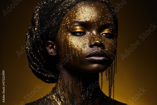 Artistic close up portrait of a beautiful black model dripping in gold and glitter with a luxury style makeup. AI Generative person