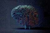 menschlichen Gehirn mit Symbolen der Technologie drum herum. Künstliche Intelligenz Konzept - Generative Ai
