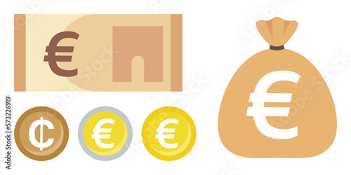 Illustration of a jute bag full of money and a set of euro bill and coins
 photo
