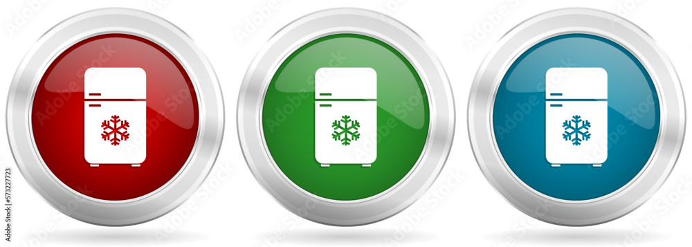 Refrigerator, fridge, cooler vector icon set. Red, blue and green silver metallic web buttons with chrome border Refrigerator, fridge, cooler vector icon set. Red, blue and green silver metallic web buttons with chrome border