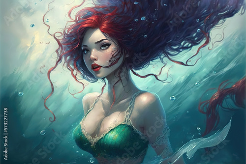 Canvastavla a pretty red haired mermaid woman, under water art, generative ai technology