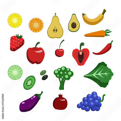 Set of vector colorful fruits and vegetables for a healthy diet, yoga