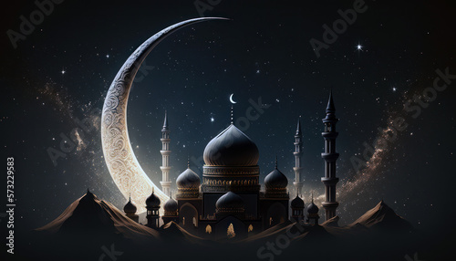 Stampa su tela Mosque and crescent moon on dark blue sky, Ramadan concept, Generative AI