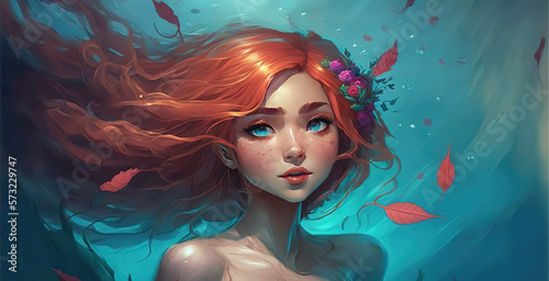 a wonderful beautifl anime mermaid with red hair under water, generative ai technology photo