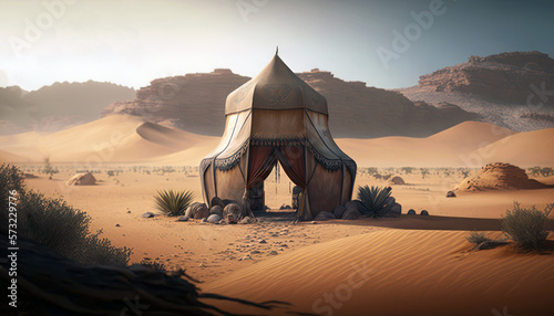 Tent in the desert, bedouin tent. Generative AI photo