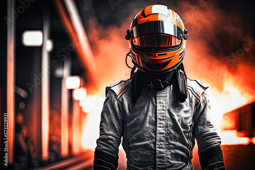 driver in protective helmet and uniform stands in formula one racing . Ai generative © ZoomTeam