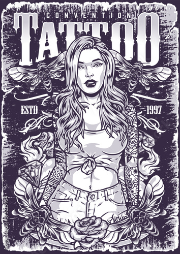 Girl tattoo artist flyer monochrome