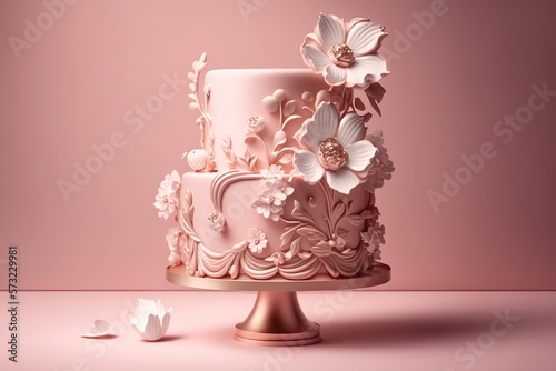 Pink wedding cake decorated with flowers on a pink background. Generative AI 
