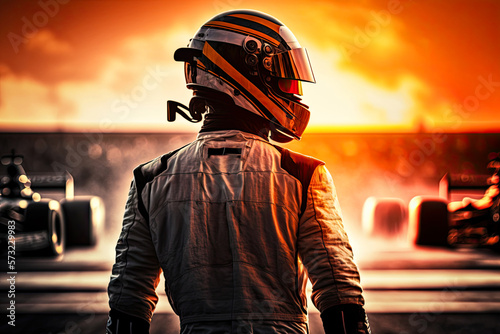 driver in protective helmet and uniform stands in formula one racing . Ai generative © ZoomTeam