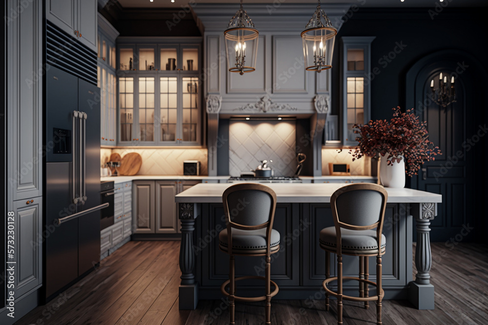 Stylish cozy kitchen island in luxury house. Idea for interior design ...