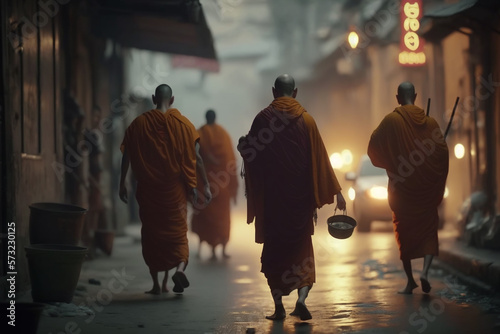 A group of Thai monks walking barefoot through the streets of Bangkok, Thailand at dawn, collecting alms from devout locals,.