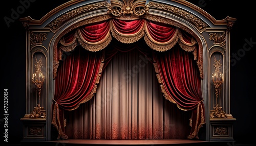Empty theater stage luxury with red and gold velvet curtain.Generative AI