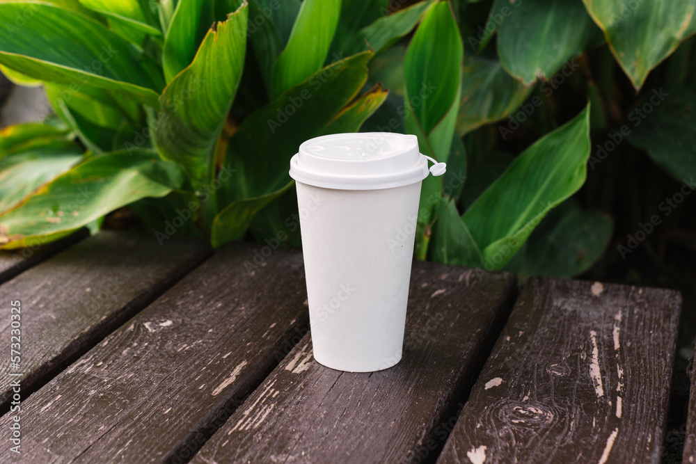 Takeaway paper cup standing on wood table with tropical palm leaves background. Travel, eco, coffee to go, summer vacation concept. Mock up, mockup, blank, place for logo or text Takeaway paper cup standing on wood table with tropical palm leaves background. Travel, eco, coffee to go, summer vacation concept. Mock up, mockup, blank, place for logo or text