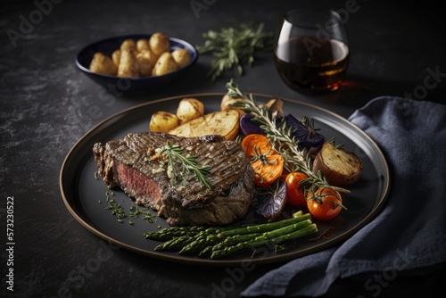 A juicy piece of steak with roast potatoes and grilled vegetables