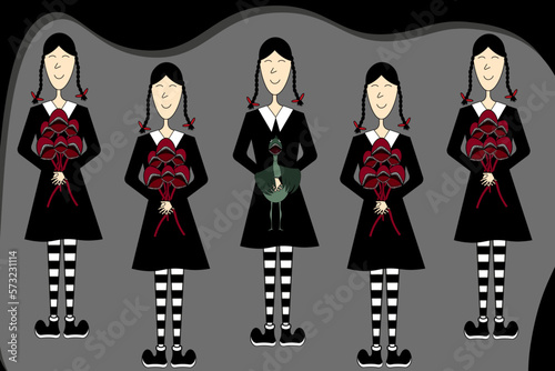 Big horizontal banner with girl in black dress with scary flowers and toy in hands. Girl with pigtails holding viva magenta bouquet in the hand on black background.