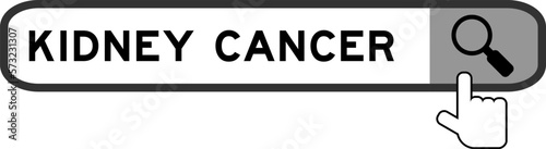 Search banner in word kidney cancer with hand over magnifier icon on white background