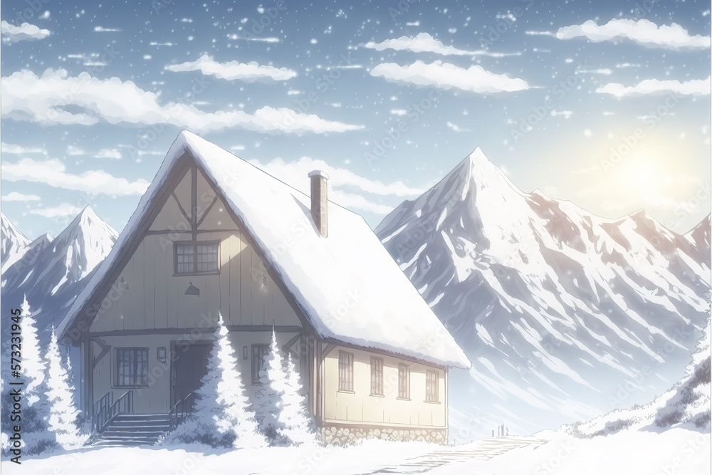 a beautiful winter house in the mountains with a lot of snow, anime style, generative ai technology