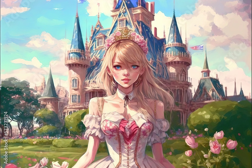 a wonderful princess in pink is standing in front of her castle, anime style, generative ai technology