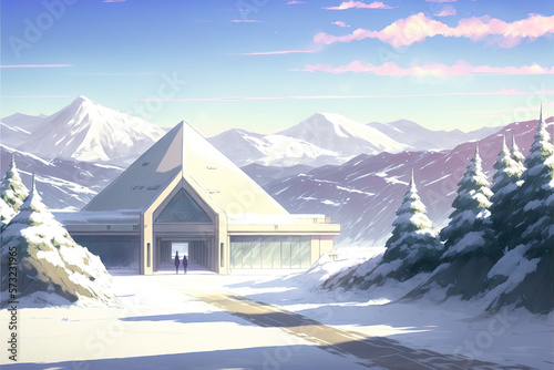a modern hotel in the mountins in winter, anime manga style, generative ai technology photo