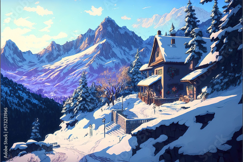 a winter house in the alps, painted in the style of anime and manga, generative ai technology