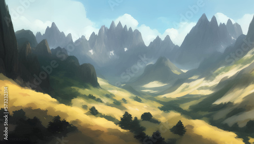 Rocky Mountain Scenery During The Day Detailed Hand Drawn Painting Illustration