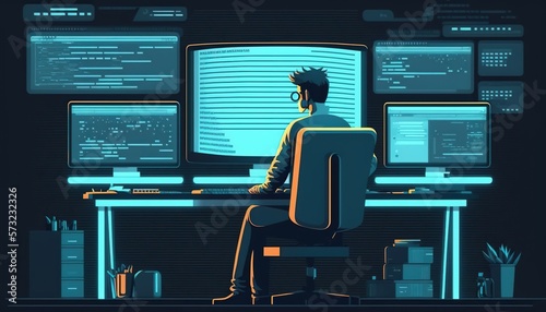  A male programmer is sitting in front of a computer screen in his office. software developer writing code while using computer and data systems in an office